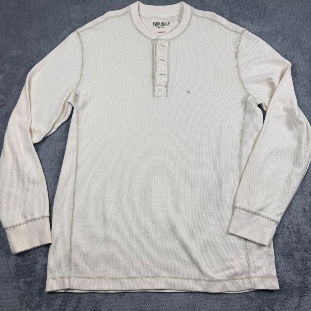 Eddie Bauer Mens XL Tall Waffle Knit Henley Shirt Long Sleeve Cream Thermal Top